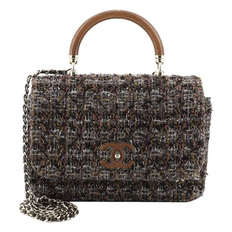 CHANEL Tweed Wood Knock On Wood Top Handle Bag Brown 